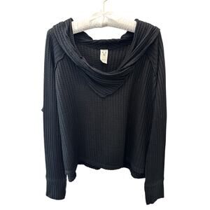 FREE PEOPLE We The Free Black Waffle Knit Hooded Wildcat Thermal Top | Medium
